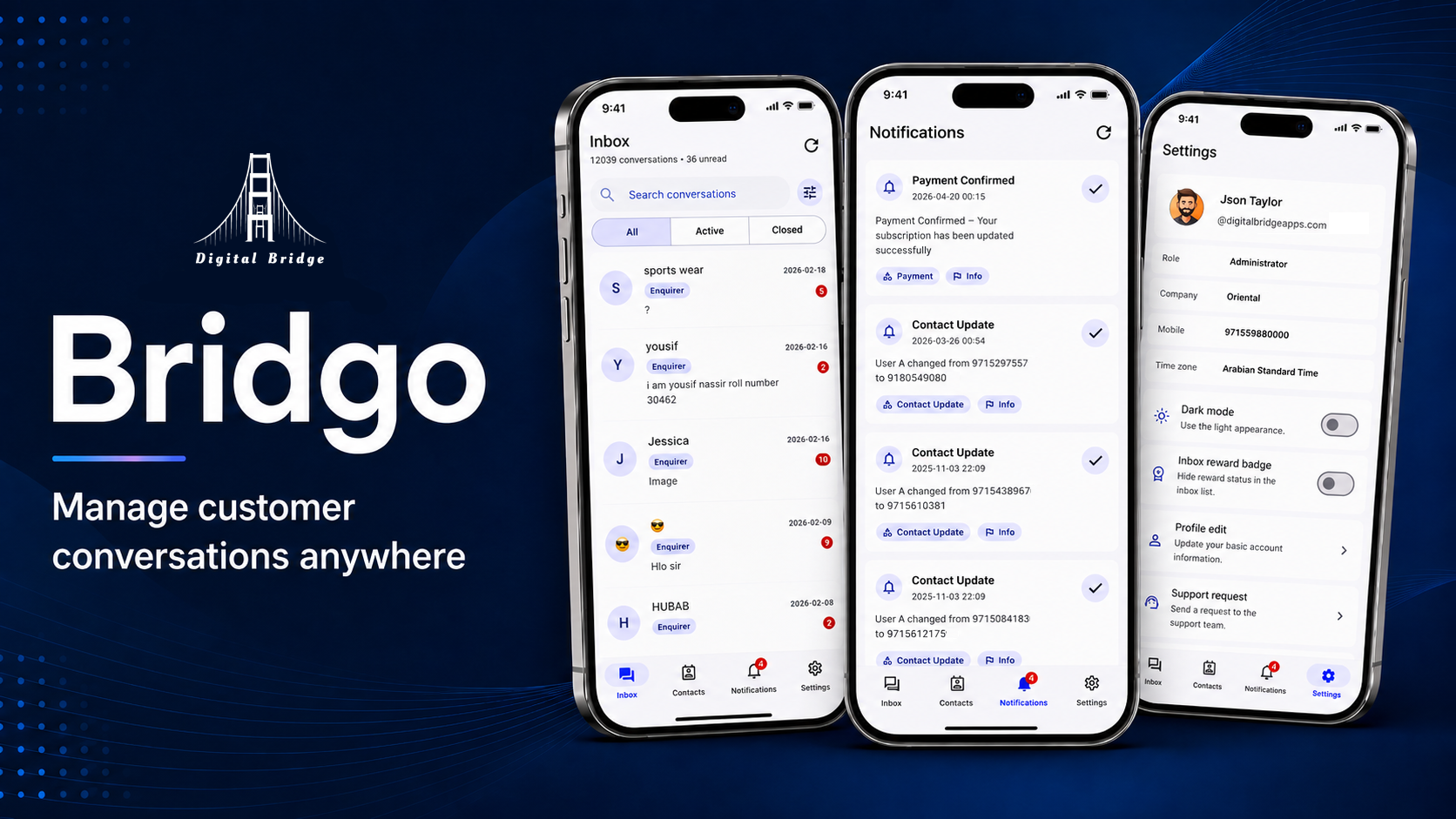 Bridgo mobile app inbox, notifications, and settings screens